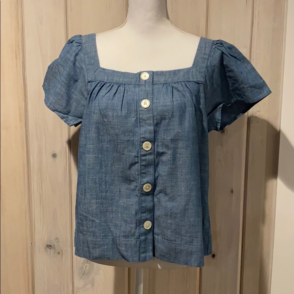 J. Crew Chambray Square-Neck Button Front Blouse in Light Blue
